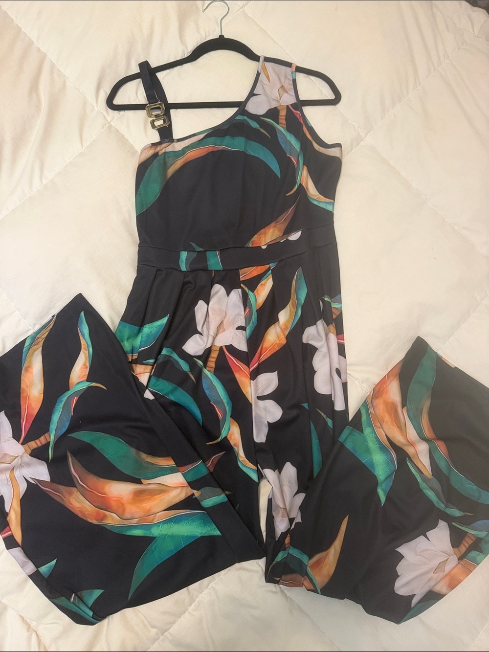 SHEIN Black One-Shoulder Tropical Floral Jumpsuit